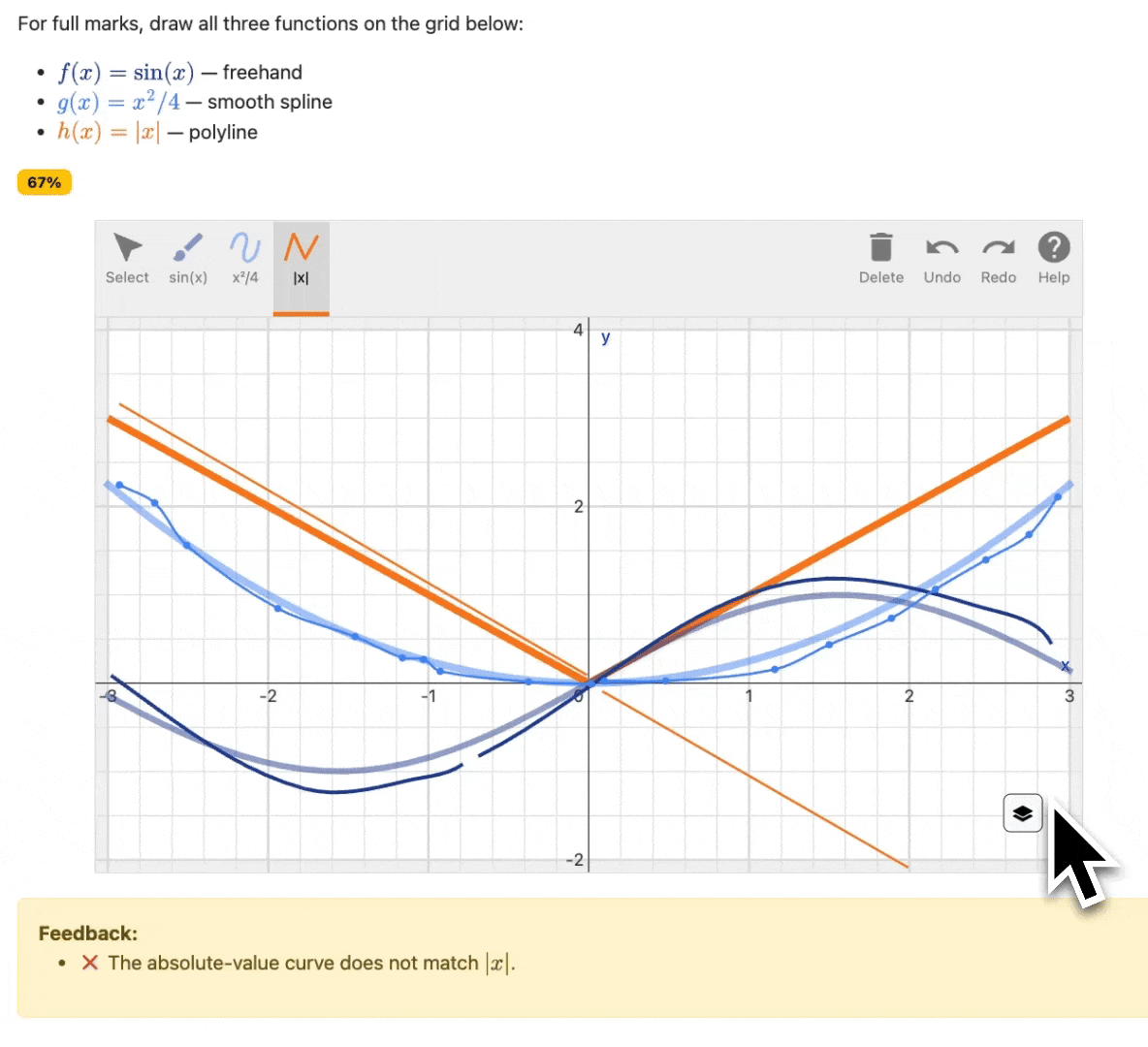 A pl-sketch question asking students to draw three functions, showing a graded submission with auto-generated feedback