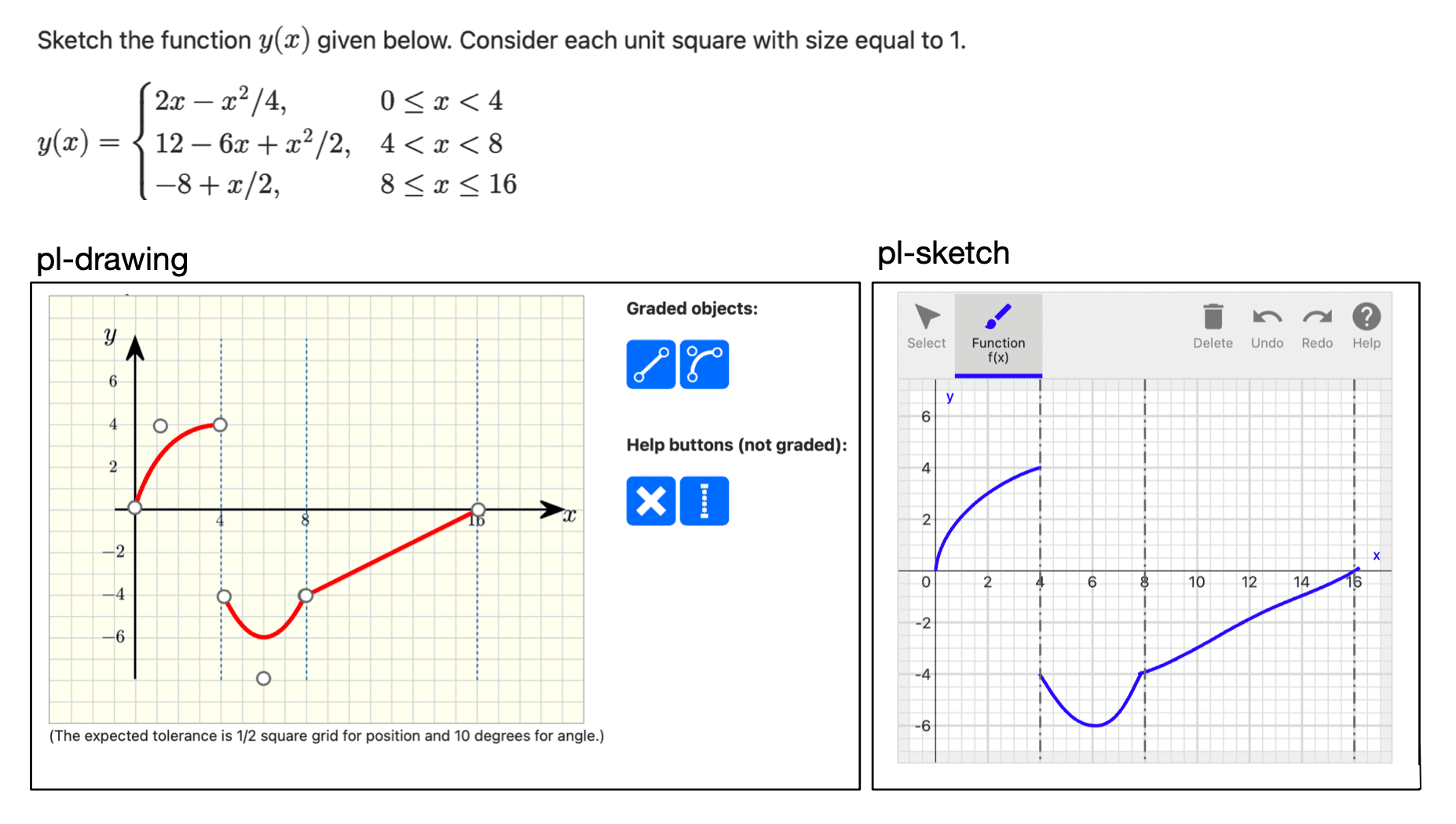 Side-by-side comparison of the pl-sketch and the pl-drawing elements for the same curve sketching question
