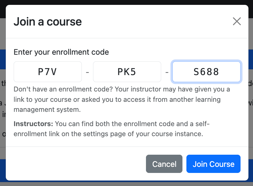 Enter enrollment code on homepage