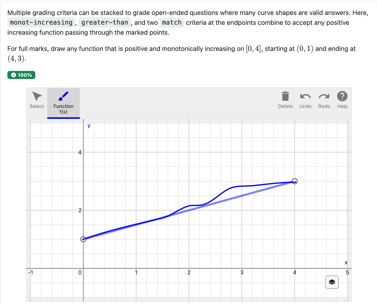 A pl-sketch question asking for any positive increasing function, graded with monot-increasing, greater-than, and match