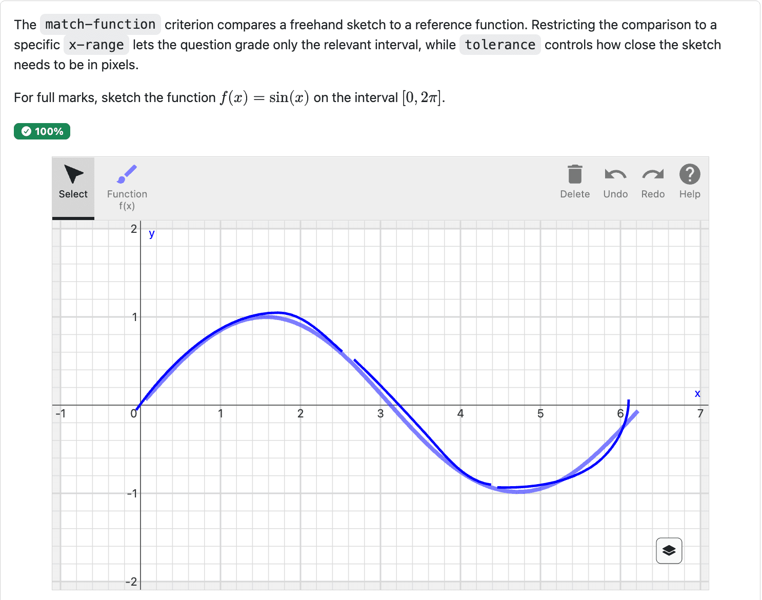 A pl-sketch question asking students to sketch sin(x), graded with match-function