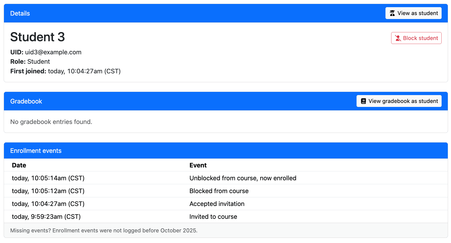Student details page with enrollment events