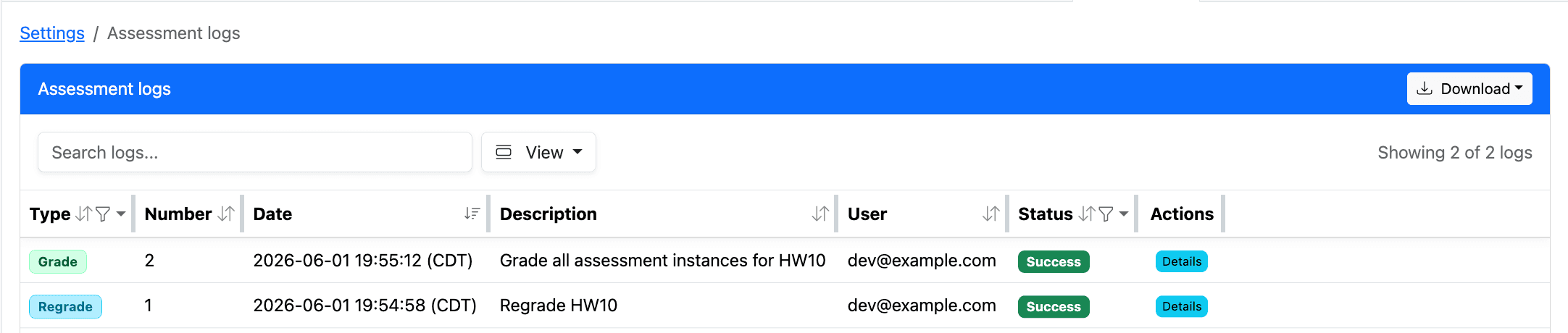 The assessment logs page