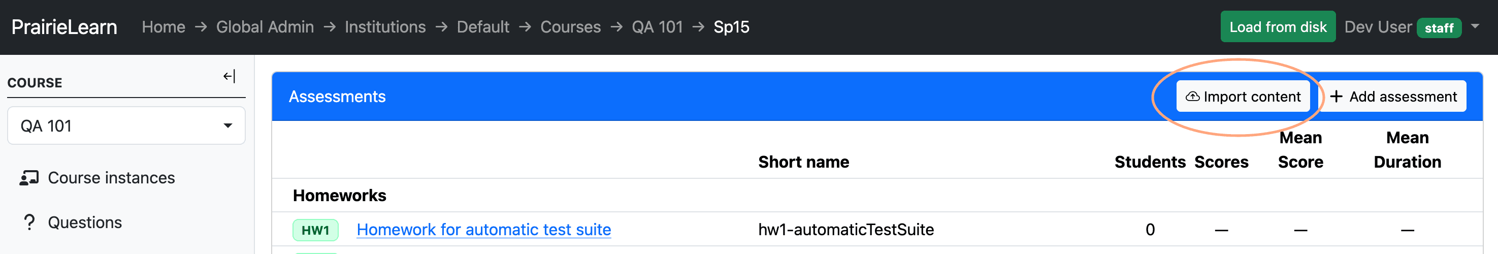 A view of the 'Import Content' button on the PrairieLearn course instance assessments page