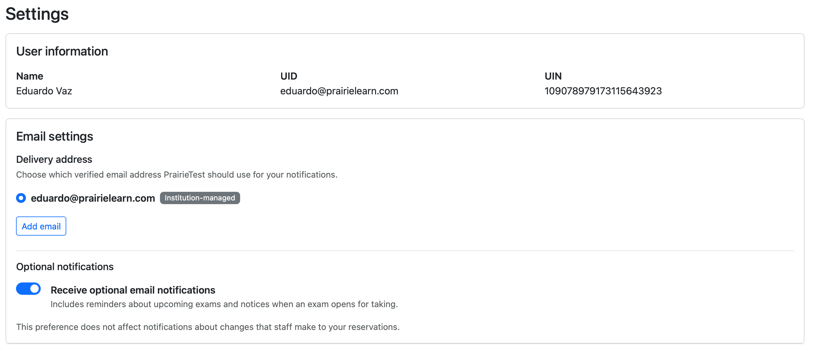 The email settings page
