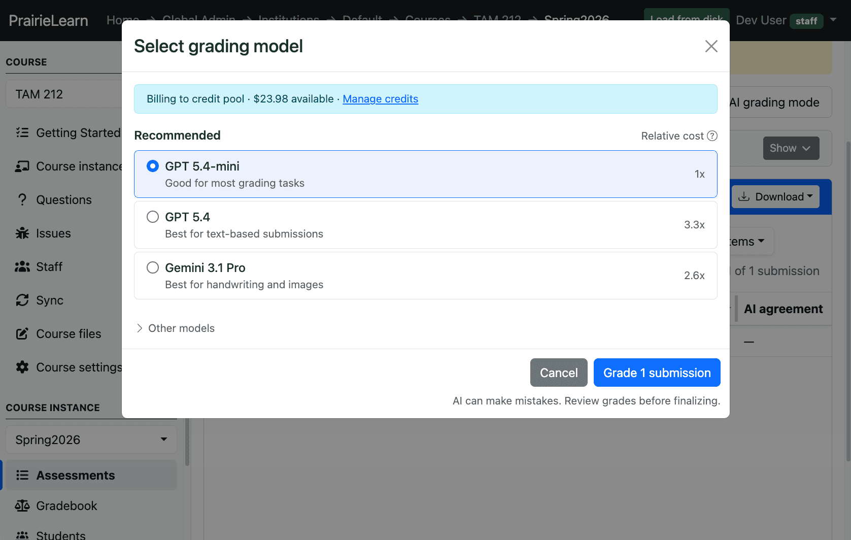 The PrairieLearn AI grading model picker, showing GPT 5.4-mini, GPT 5.4, and Gemini 3.1 Pro with their relative costs