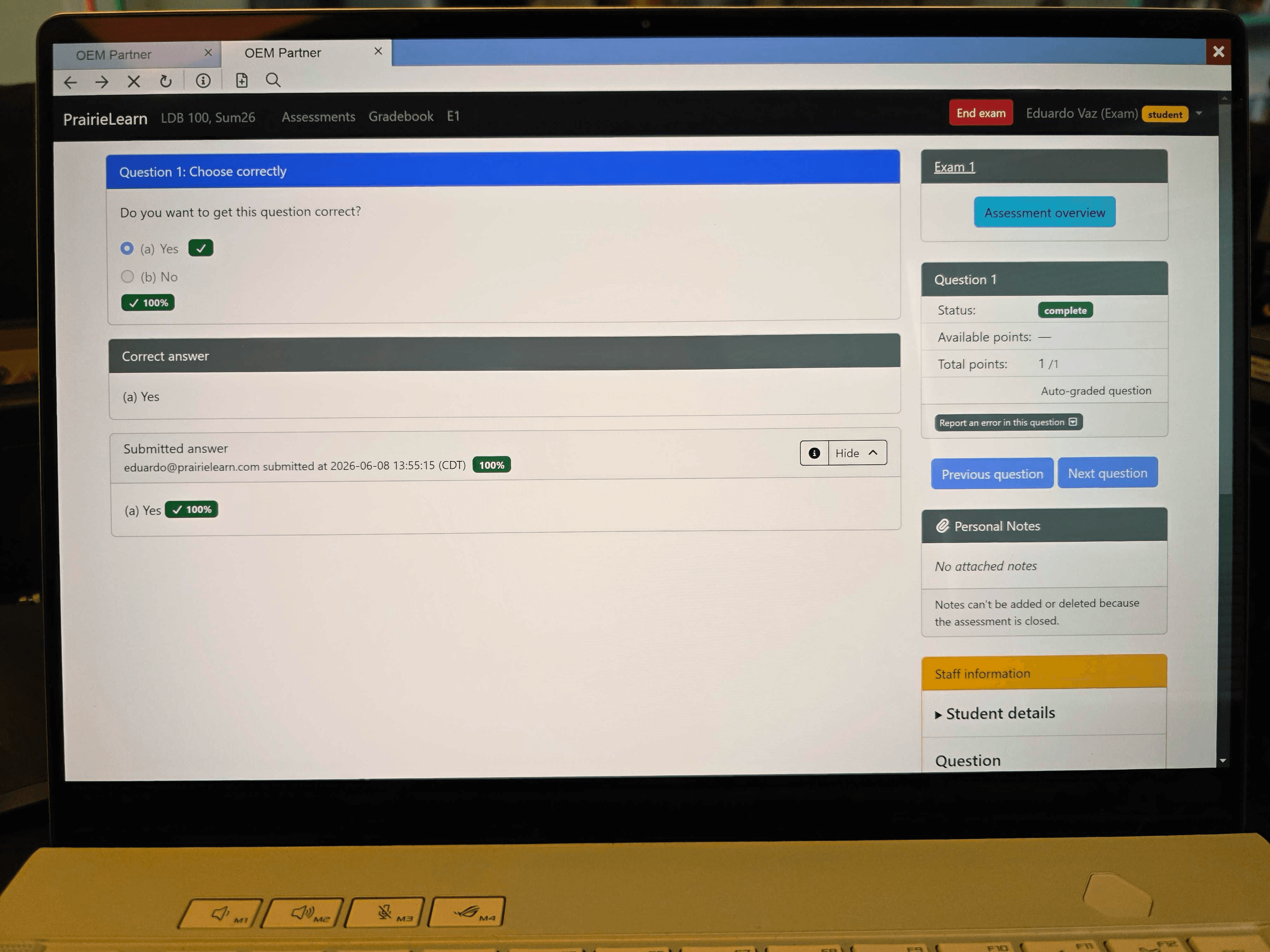A PrairieLearn assessment open inside the LockDown Browser