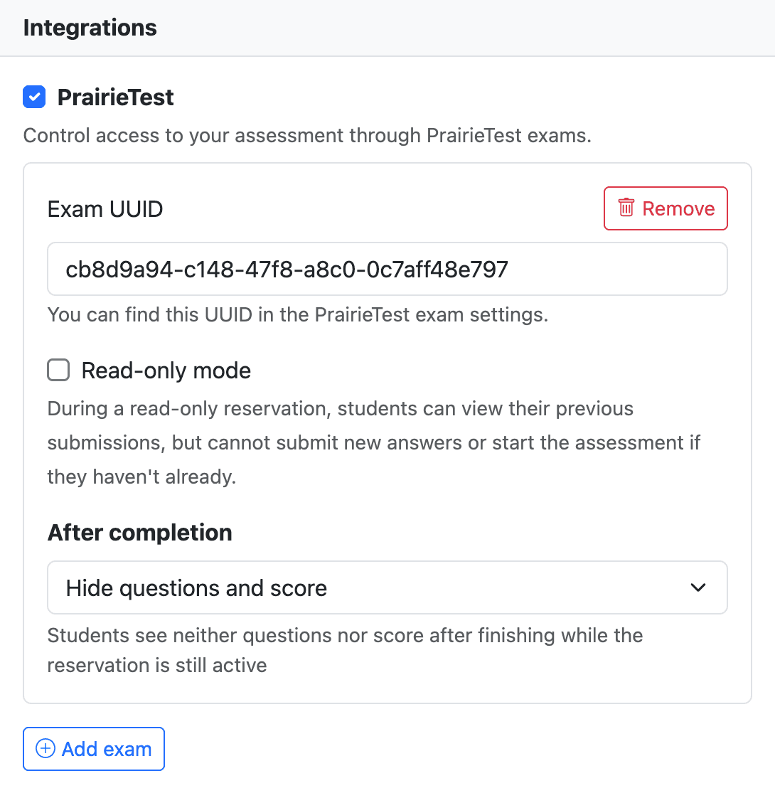 The in-browser editor for PrairieTest links, including settings for UUID, read-only mode, and after-completion visibility