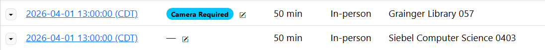 Two PrairieTest sessions side by side: the Grainger Library 057 session carries a Camera Required label, while the Siebel Center 0403 session has none