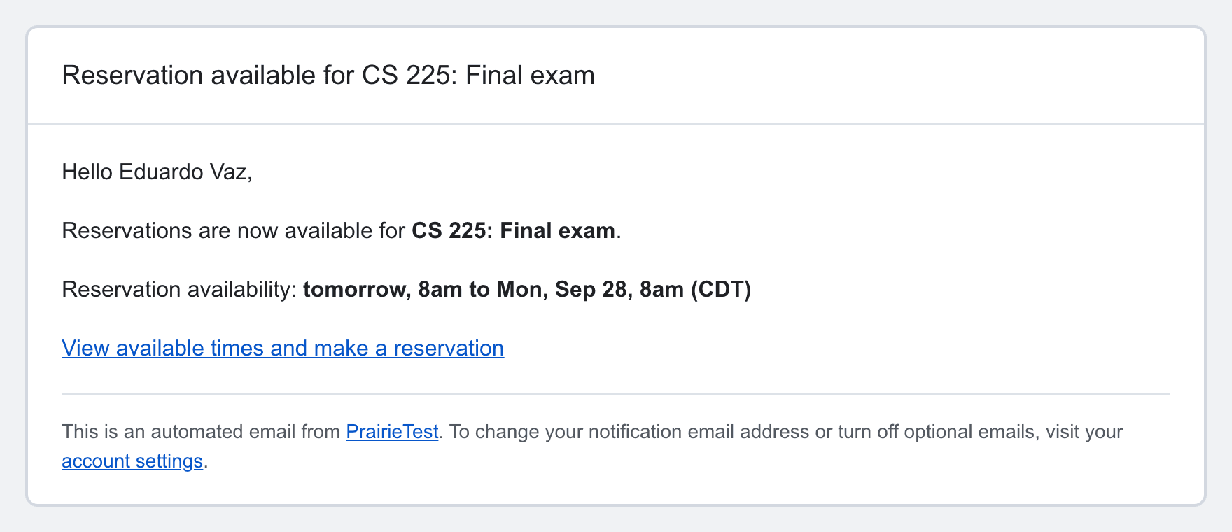 The reservation available email