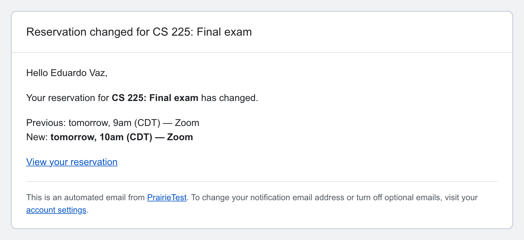 The reservation change email