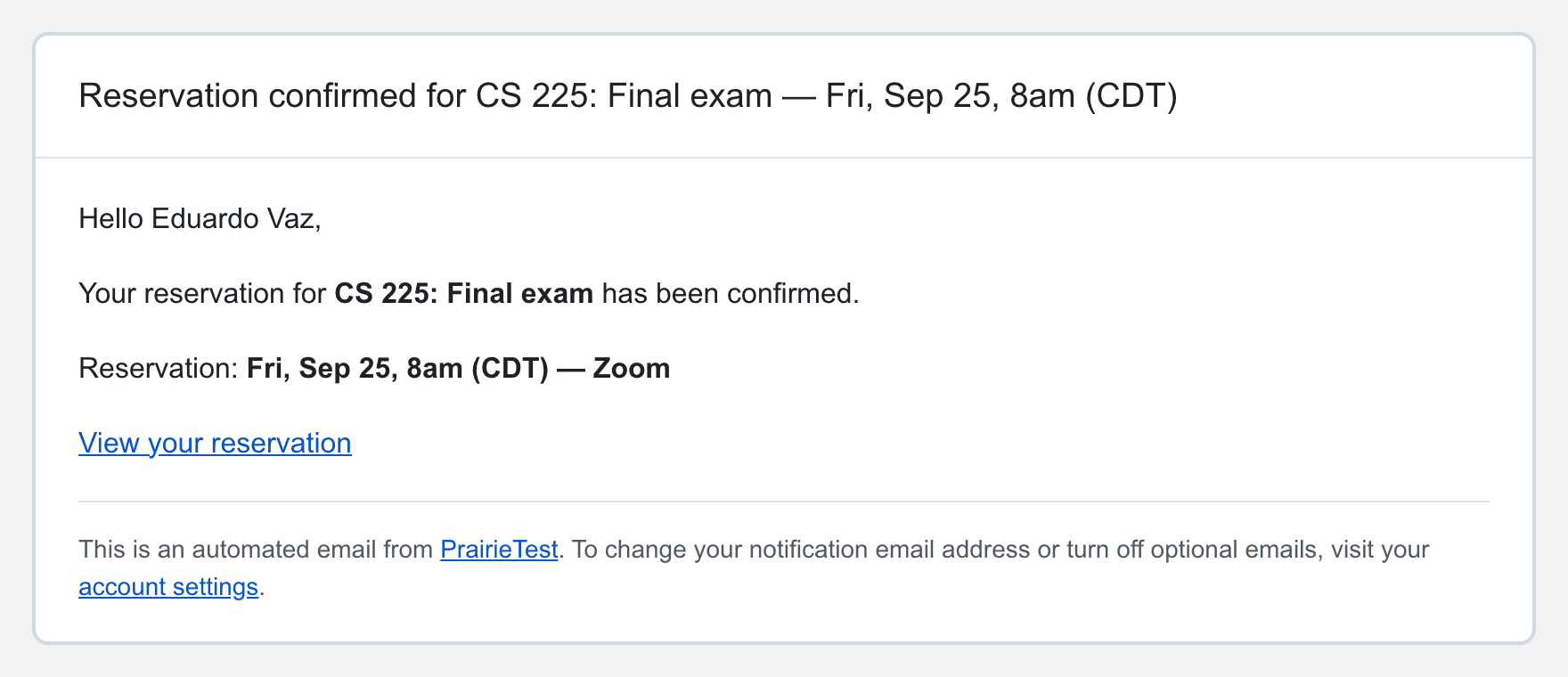The reservation confirmation email