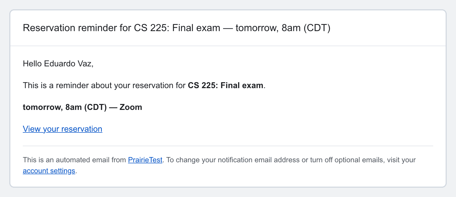 The reservation reminder email