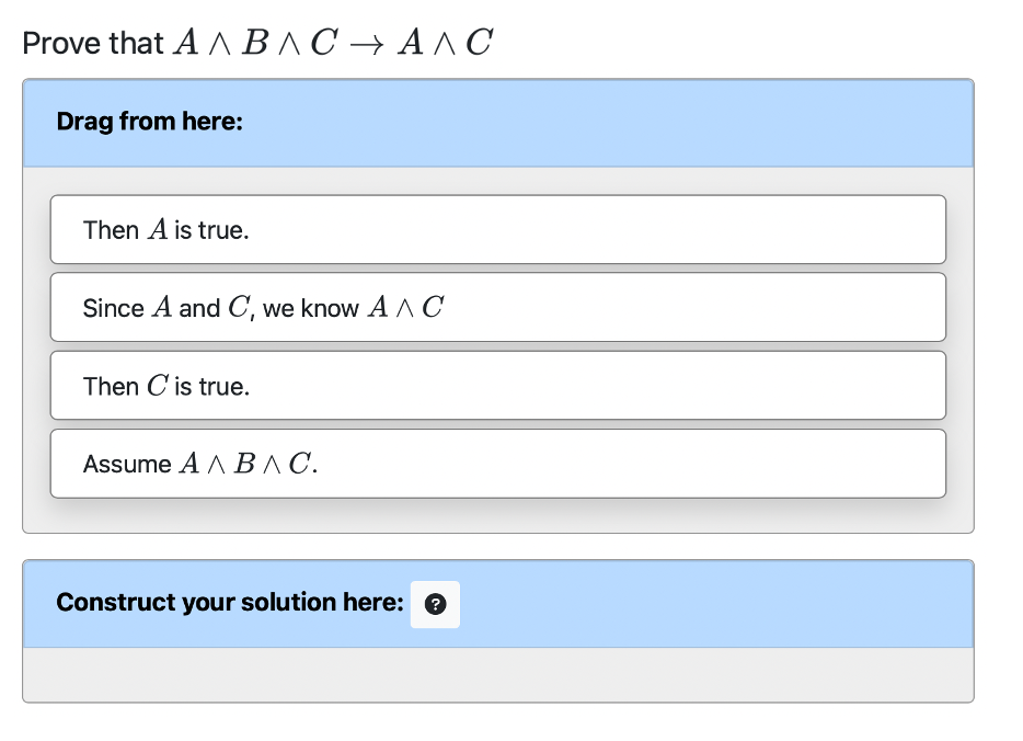 PrairieLearn question asking students to construct a proof by ordering predefined statements