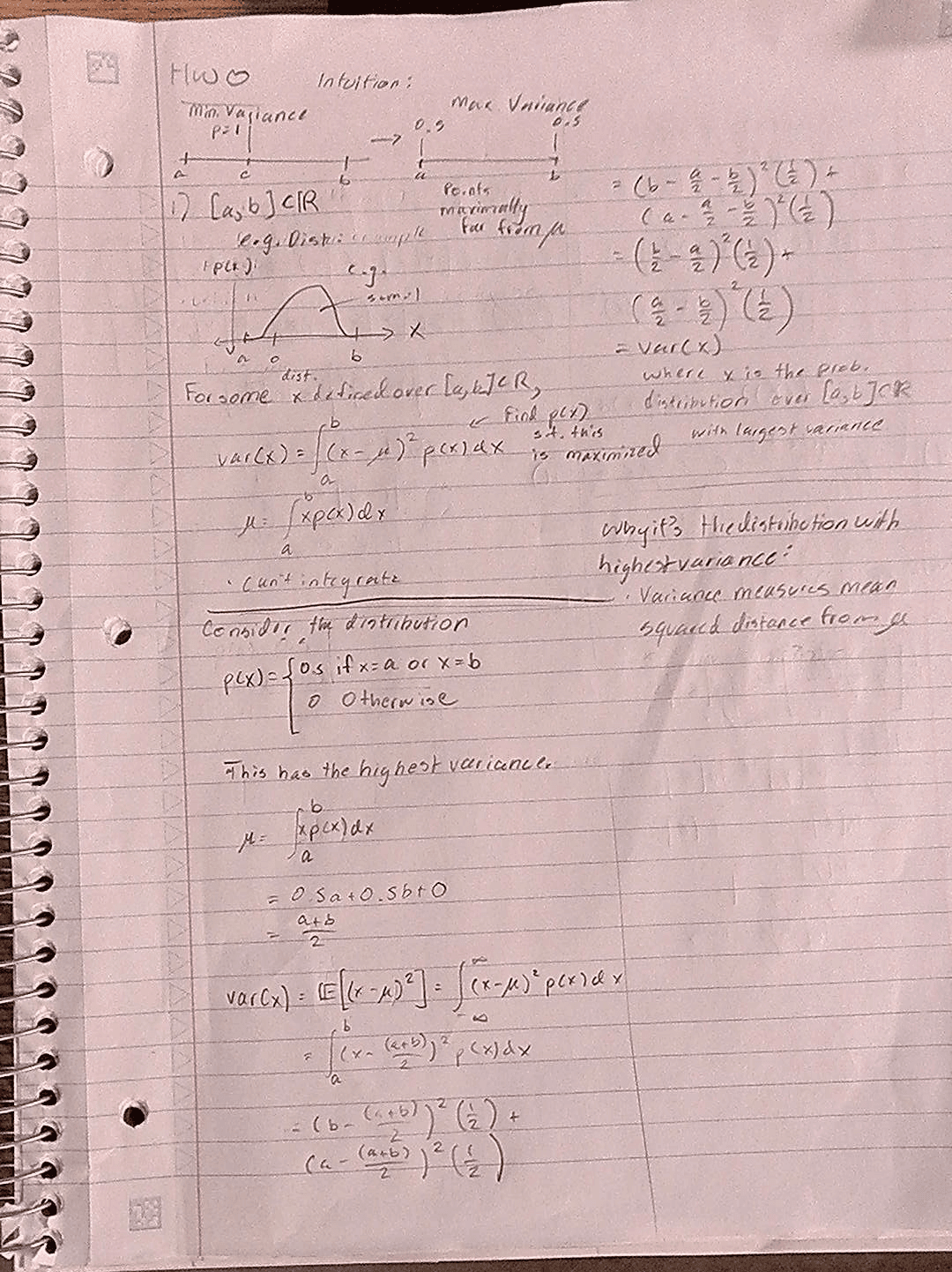 Handwritten variance derivations captured with a low-resolution camera, showing blurred pencil marks