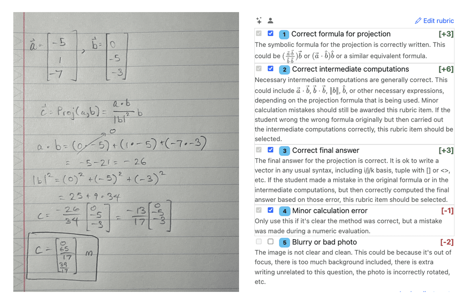 A handwritten student submission alongside the AI's rubric-item selections