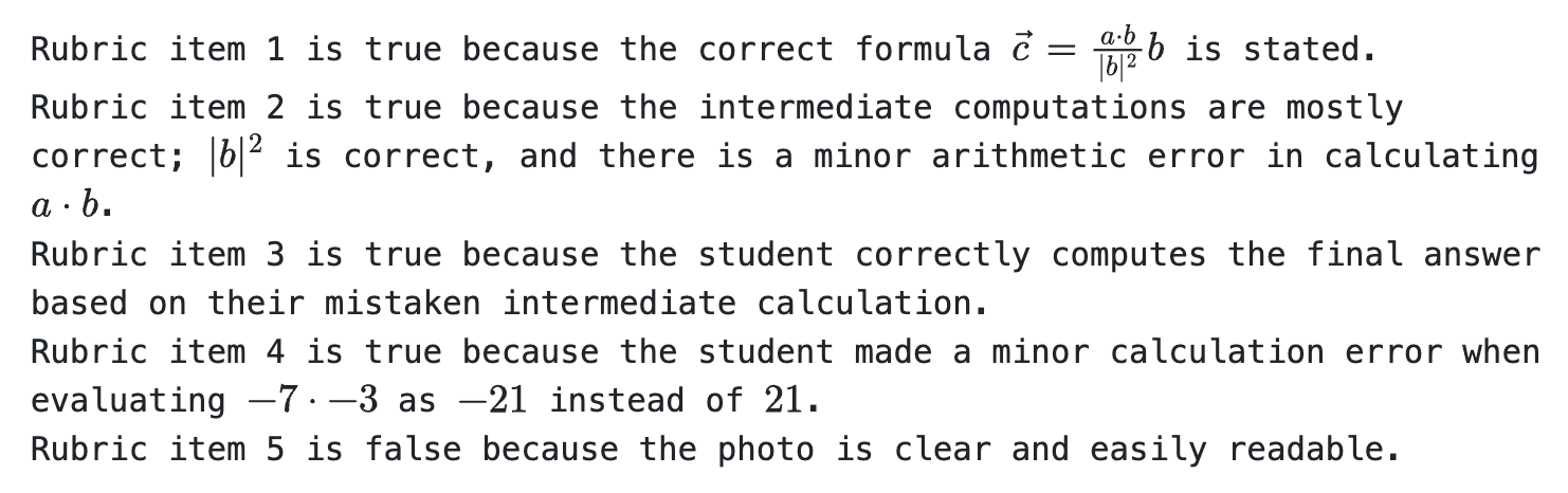 A per-rubric-item explanation generated by the AI for the same submission