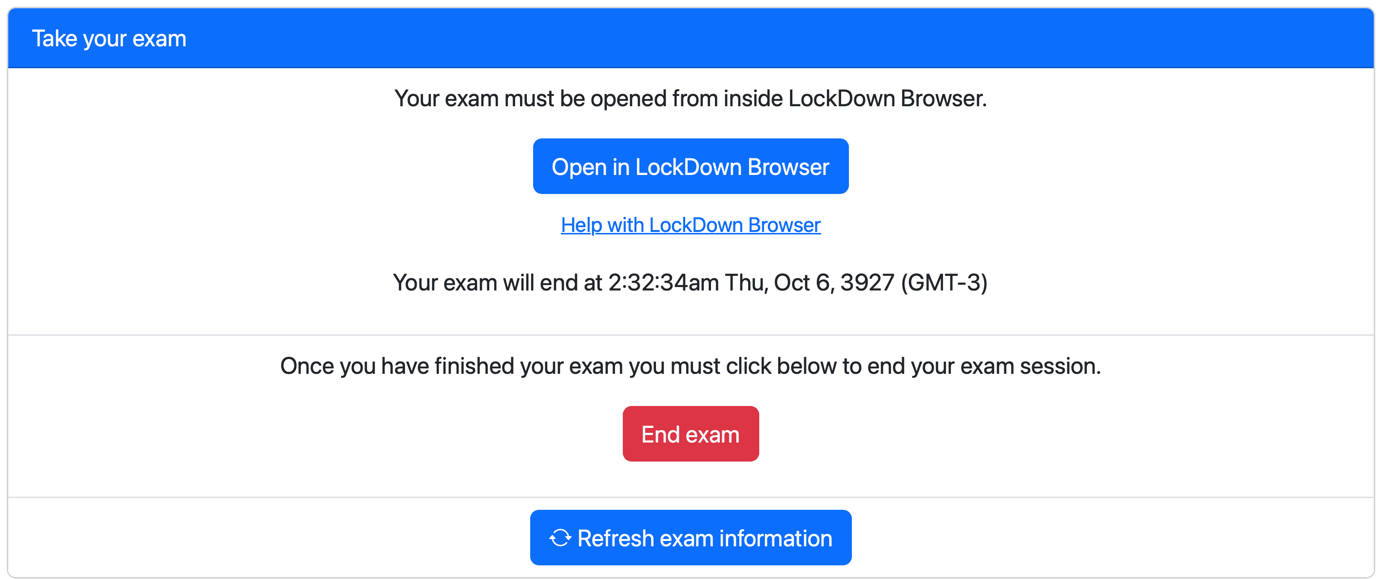 PrairieTest exam page showing 'Open in LockDown Browser' button and a Help link