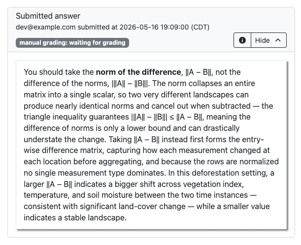A typed paragraph-length student response